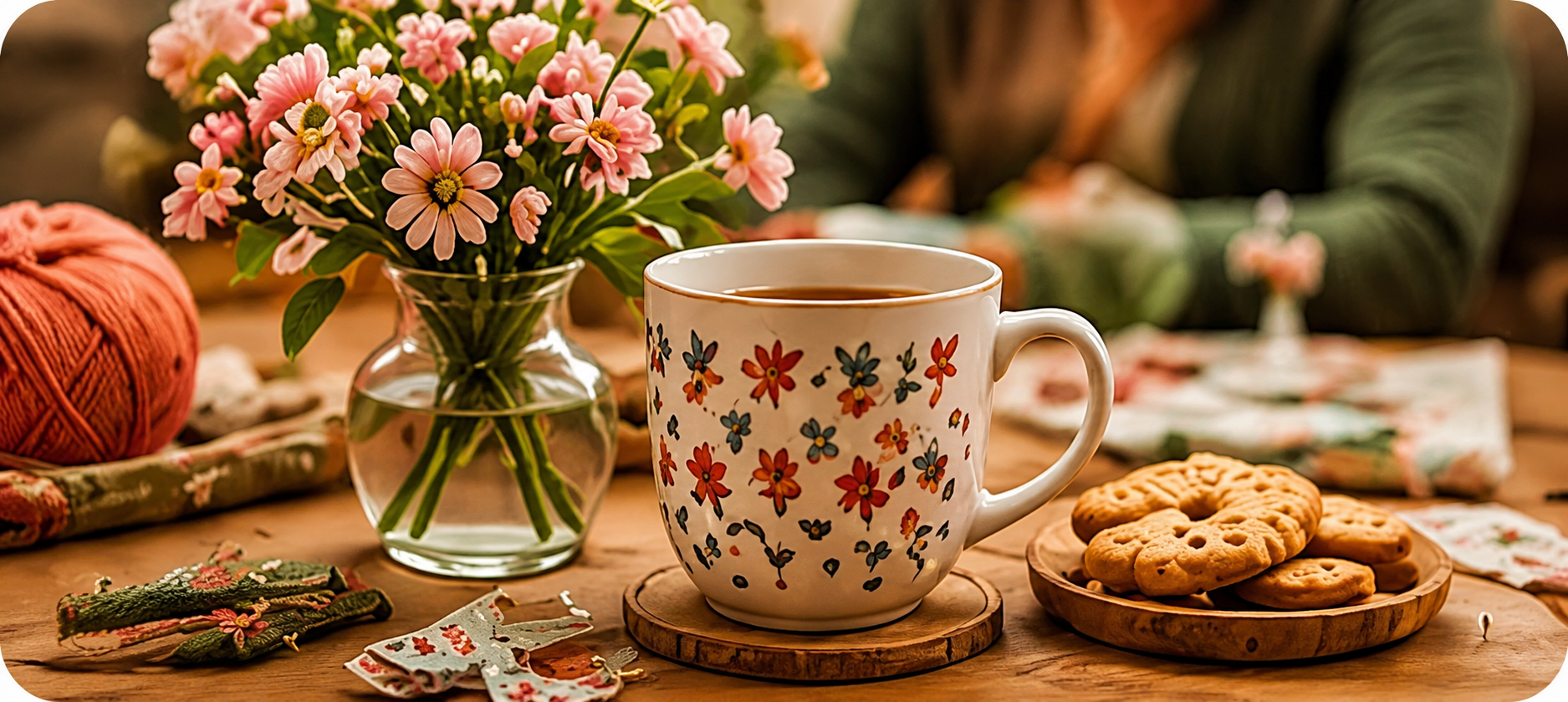 Café, biscuits, fleurs et matériel créatif sur une table