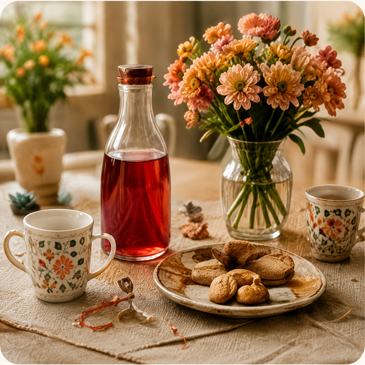 Table avec boissons et fleurs