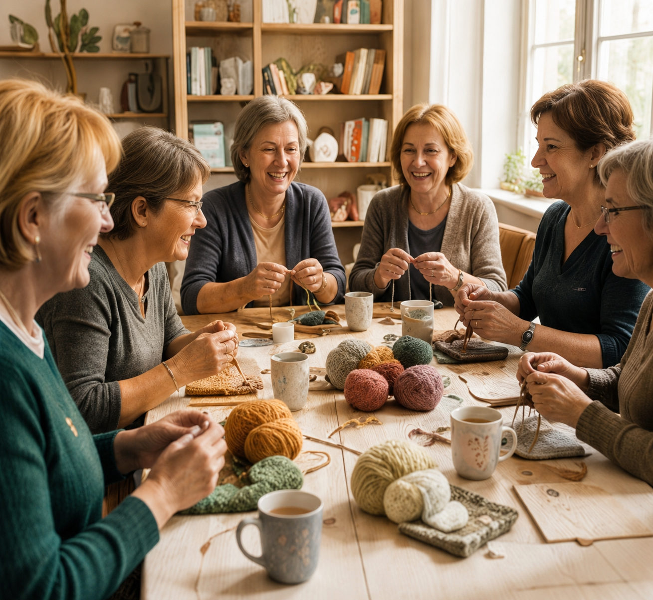 Personnes réunies autour d’une table pour tricoter, crocheter et partager un moment convivial.