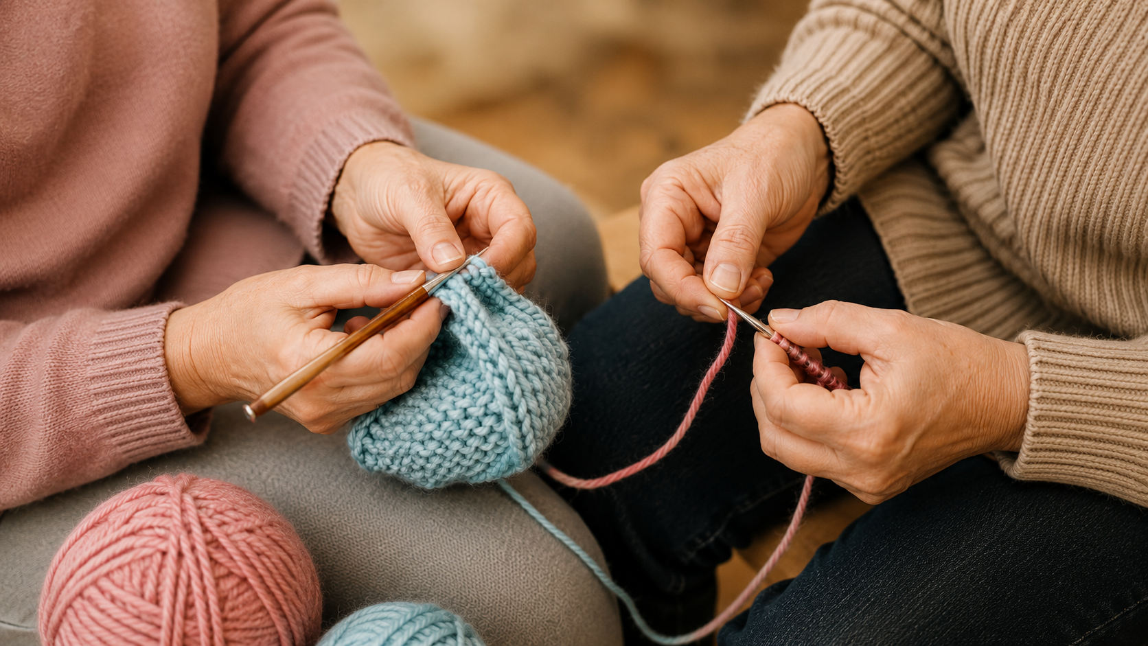Mains en train de crocheter ensemble.
