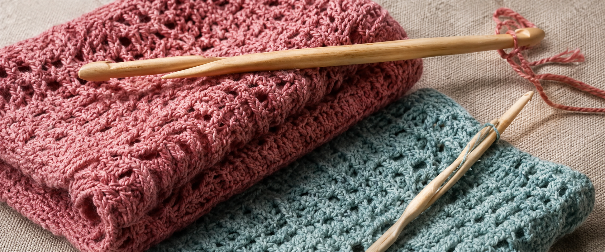 Ouvrage rose au crochet avec aiguilles.