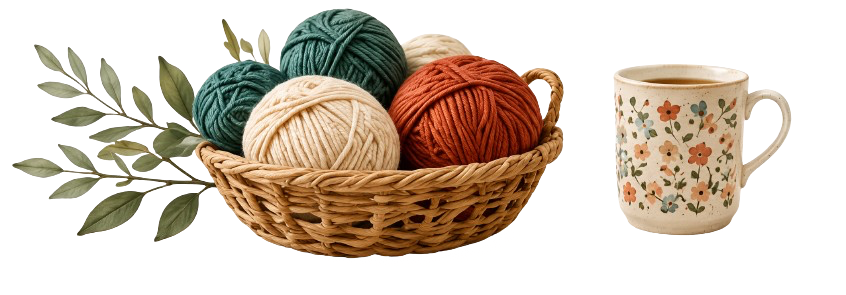 Panier de pelotes de laine et tasse fleurie.