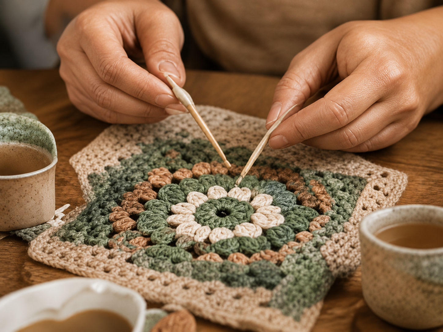 Mains en train de crocheter un ouvrage
