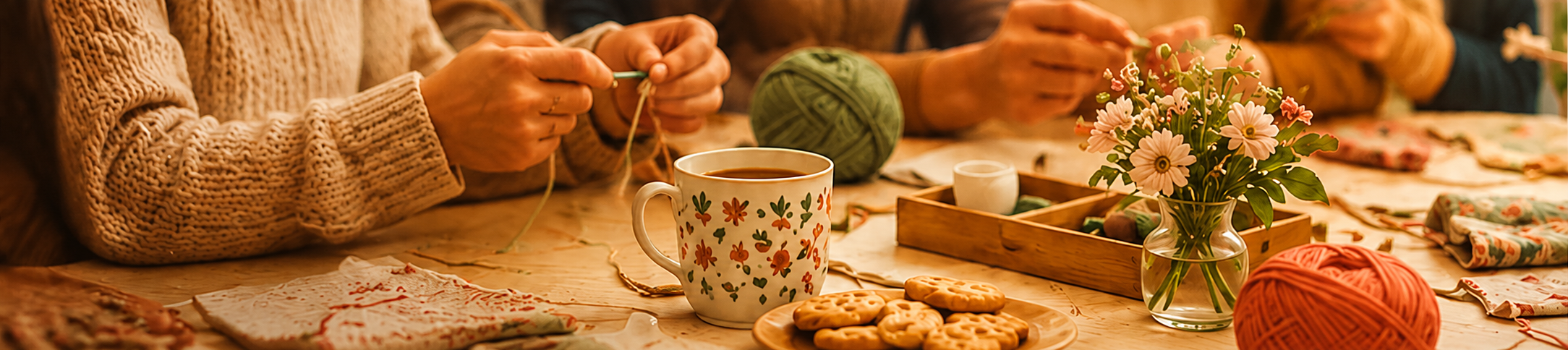 Table conviviale avec tricot, café, fleurs et loisirs créatifs